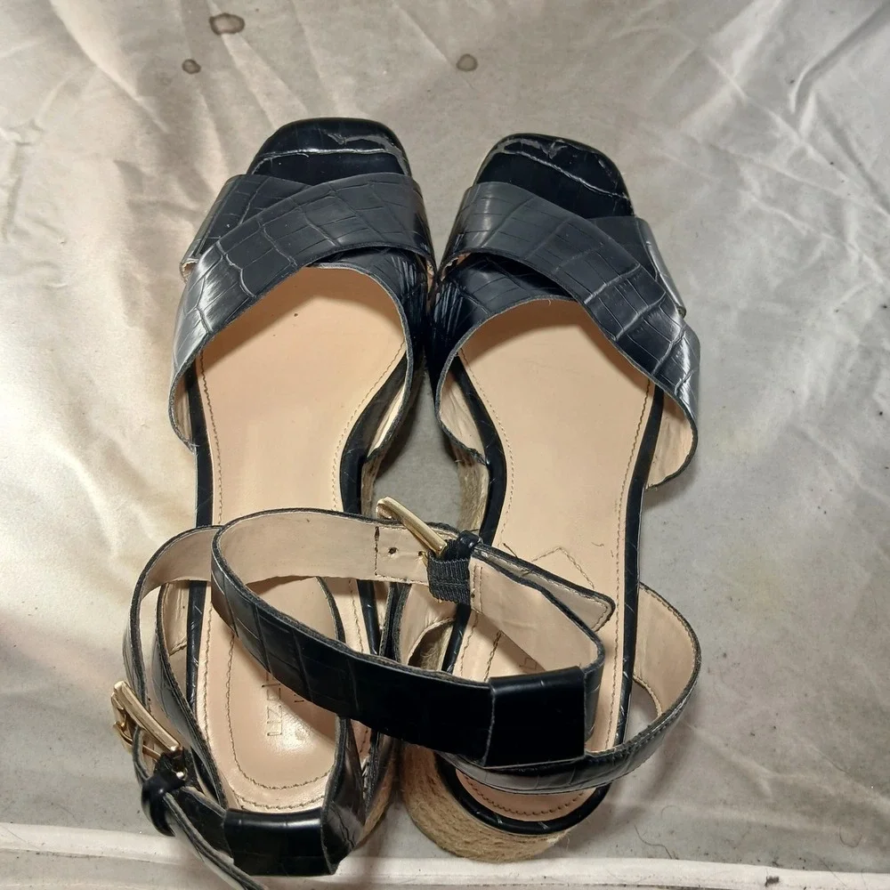 Liz Claiborne‎ Eastside Platform Wedge Sandals 7.5 Black Croc Espadrille Boho